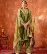 Green color velvet silk embroidery work party wear suit - full stitched free size