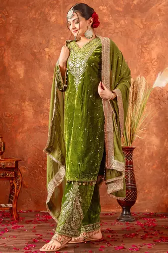 Green velvet silk embroidery work party wear suit - full free size