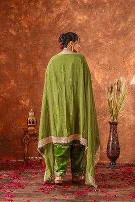 Green velvet silk embroidery work party wear suit - full  free size 4