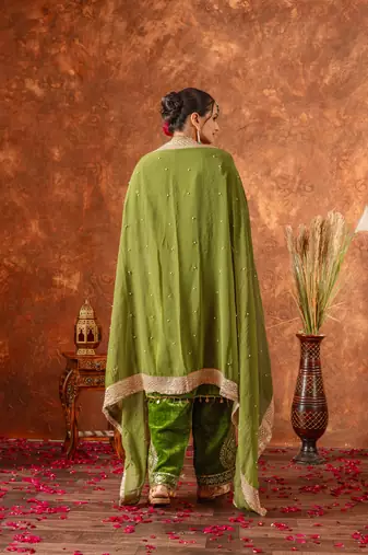 Green velvet silk embroidery work party wear suit - full free size