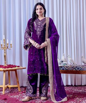 Purple velvet silk embroidery work party wear suit- full free size 1