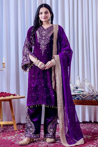 Purple color velvet silk embroidery work party wear suit- full stitched free size