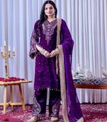 Purple color velvet silk embroidery work party wear suit- full stitched free size