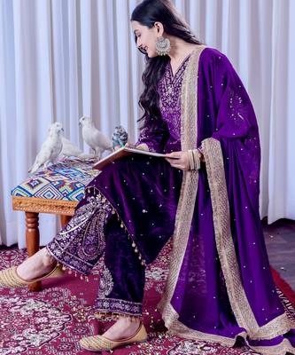 Purple velvet silk embroidery work party wear suit- full free size 3