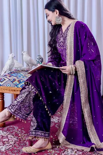 Purple velvet silk embroidery work party wear suit- full free size