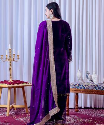 Purple velvet silk embroidery work party wear suit- full free size 4