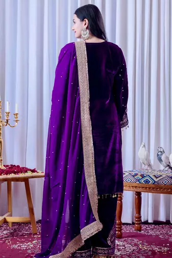 Purple velvet silk embroidery work party wear suit- full free size