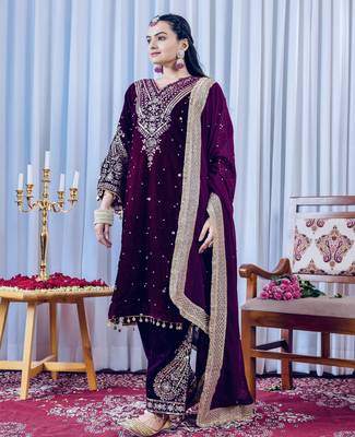 Rani velvet silk embroidery work party wear suit- full free size 1