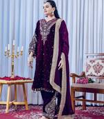 Rani color velvet silk embroidery work party wear suit- full stitched free size