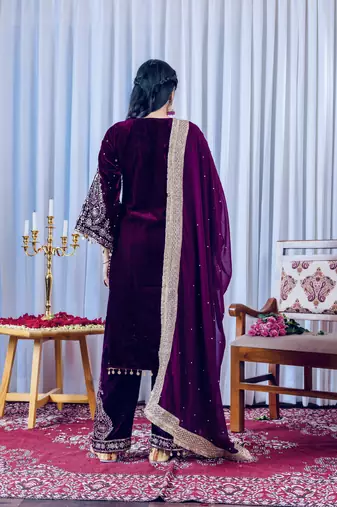 Rani velvet silk embroidery work party wear suit- full free size
