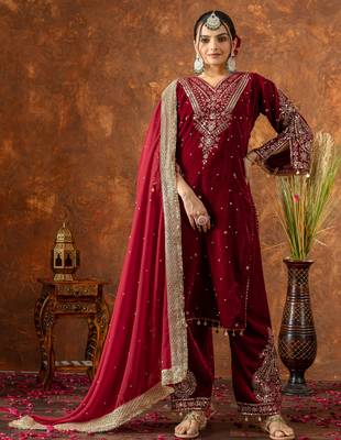 Red velvet silk embroidery work party wear suit- full free size 1