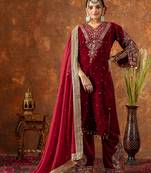 Red color velvet silk embroidery work party wear suit- full stitched free size
