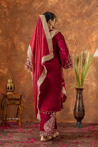 Red velvet silk embroidery work party wear suit- full free size