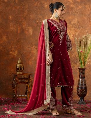 Red velvet silk embroidery work party wear suit- full free size 4