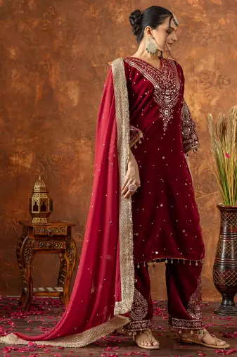 Red velvet silk embroidery work party wear suit- full free size