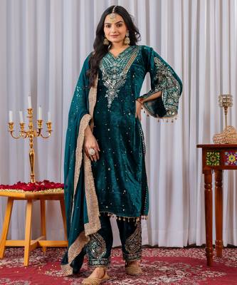 Teal velvet silk embroidery work party wear suit- full  free size 1