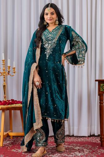 Teal color velvet silk embroidery work party wear suit- full stitched free size