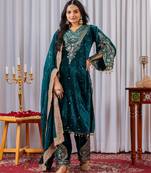 Teal color velvet silk embroidery work party wear suit- full stitched free size