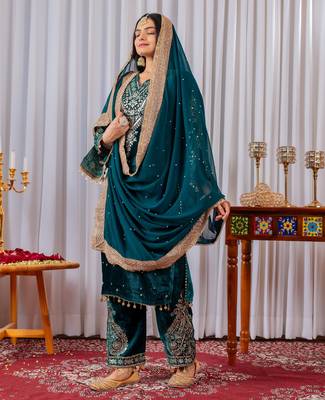 Teal velvet silk embroidery work party wear suit- full  free size 3