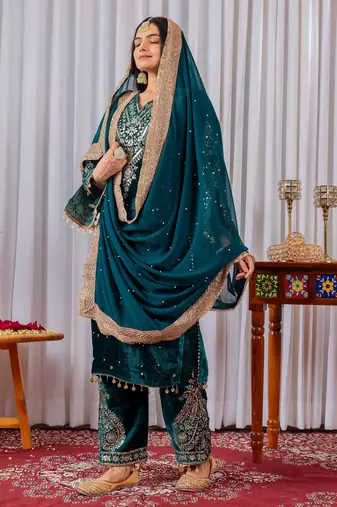 Teal velvet silk embroidery work party wear suit- full free size
