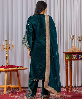 Teal velvet silk embroidery work party wear suit- full  free size 4