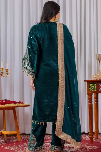 Teal velvet silk embroidery work party wear suit- full free size