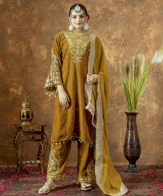 Yellow velvet silk embroidery work party wear suit- full  free size 1