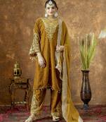 Yellow color velvet silk embroidery work party wear suit- full stitched free size