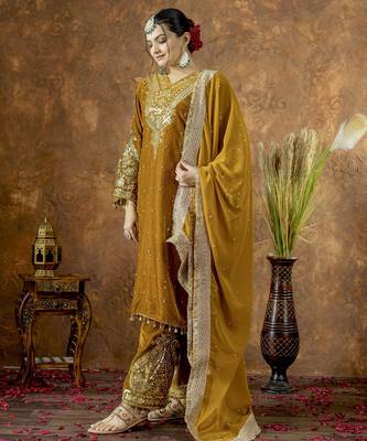 Yellow velvet silk embroidery work party wear suit- full  free size 3