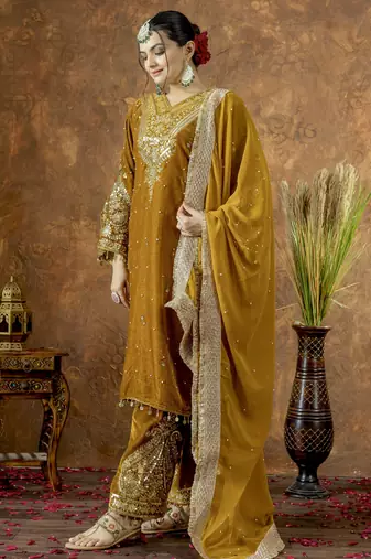 Yellow velvet silk embroidery work party wear suit- full free size