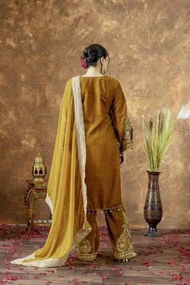 Yellow velvet silk embroidery work party wear suit- full  free size 4