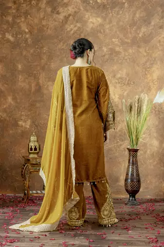 Yellow velvet silk embroidery work party wear suit- full free size