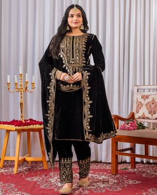 Black velvet embroidery work party wear suit- full free size 1