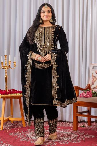 Black color velvet designer embroidery work party wear suit- full stitched free size
