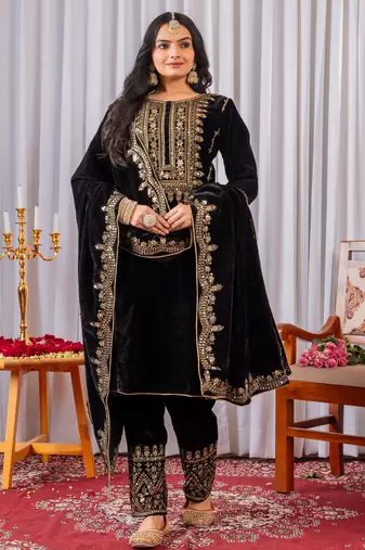 Black color velvet designer embroidery work party wear suit- full stitched free size
