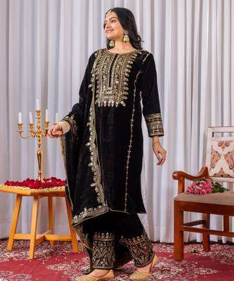 Black velvet embroidery work party wear suit- full free size 3