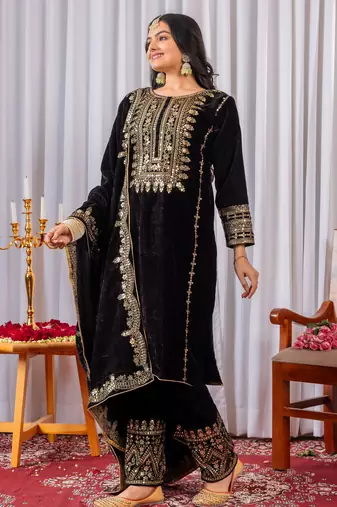 Black velvet designer embroidery work party wear suit- full free size