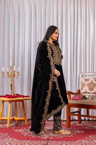 Black velvet designer embroidery work party wear suit- full free size