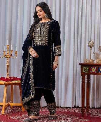 Blue velvet  embroidery work party wear suit- full free size 1