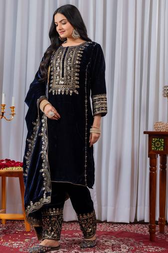 Blue color velvet designer embroidery work party wear suit- full stitched free size