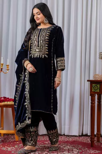 Blue color velvet designer embroidery work party wear suit- full stitched free size