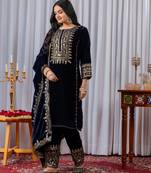 Blue color velvet designer embroidery work party wear suit- full stitched free size