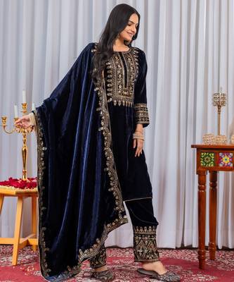 Blue velvet  embroidery work party wear suit- full free size 3