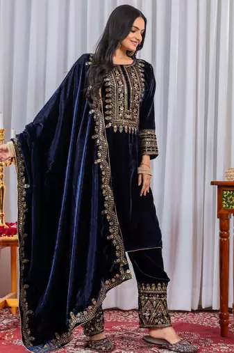 Blue velvet designer embroidery work party wear suit- full free size