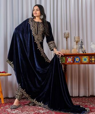Blue velvet  embroidery work party wear suit- full free size 4