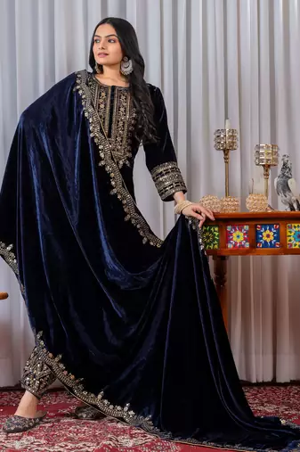 Blue velvet designer embroidery work party wear suit- full free size