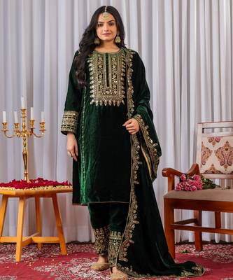 Green velvet  embroidery work party wear suit- full free size 1