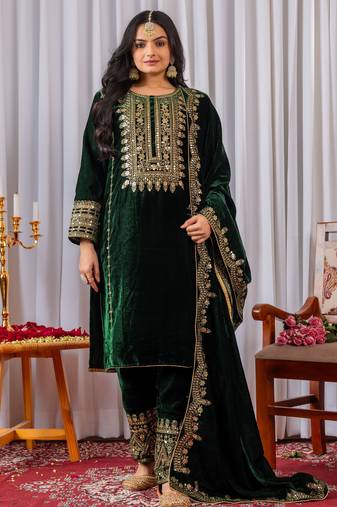 Green color velvet designer embroidery work party wear suit- full stitched free size
