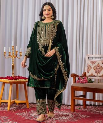 Green velvet  embroidery work party wear suit- full free size 3
