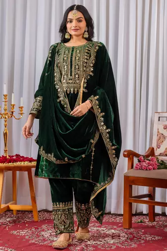 Green velvet designer embroidery work party wear suit- full free size
